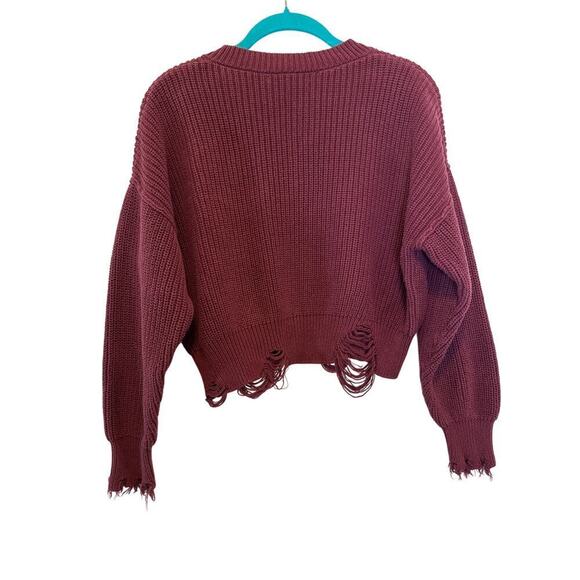 Forever 21 Cropped Distressed Maroon Sweater V Neck Size Small S - Picture 5 of 7